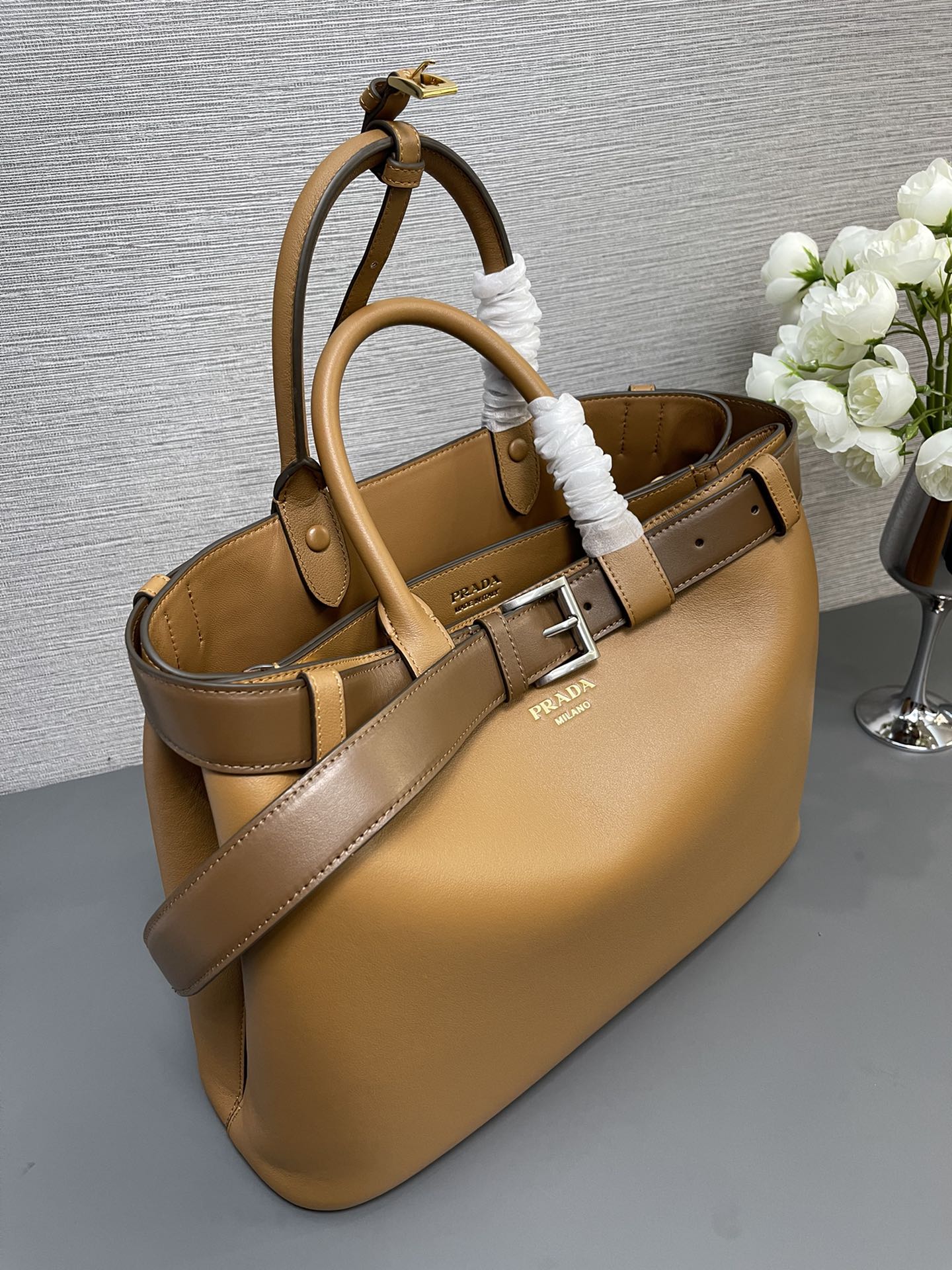 Prada Large Buckle Leather Handbag Shoulder Bag With Belt Caramel 1BA416